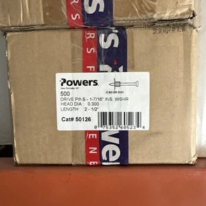 500  BOX POWERS FASTENERS POWDER DRIVE PIN DIA 0.300 2 1/2 With Washer 1-7/16 - Picture 1 of 1