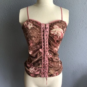 Vintage FANG Sheer Lace Up Corset Sequins Pink Early 2000s Y2K Blouse Top XS - Picture 1 of 13