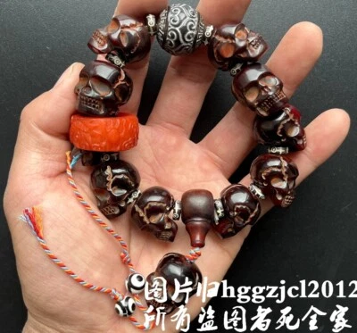 Pulsera de cuentas con cabeza de calavera tallada cuerno de yak tibetano estatua colección amuleto Foto 1 de 4