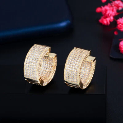 Heavy Work Gold Plated CZ Round Hoop Earring 848PCS Stone Luxury Fashion Jewelry - Image 1 of 4