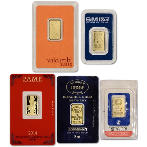 5 gram Gold Bar - Random Brand - Secondary Market - 999.9 Fine in Assay Cover