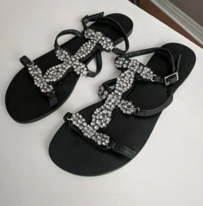 Viamaestra Women's 39 / US 9 Rhinestone Detail Black Sandals Strappy - Picture 1 of 8