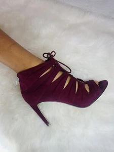 BCBGeneration Laced Up Tie Open Toe Burgundy Faux Suede Stiletto Bootie Boots 8 - Picture 1 of 16