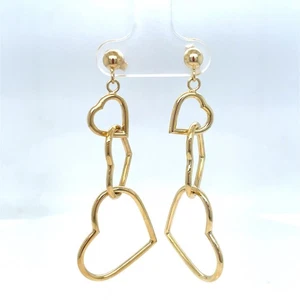 14k Yellow Gold Women’s Polished Hanging Hearts Earrings 1.90g - Picture 1 of 3