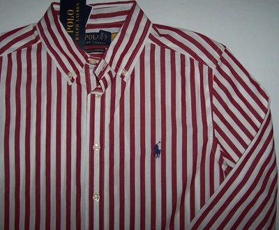 NWT Polo Ralph Lauren DARK RED/WHITE STRIPES Poplin Shirt Boy XL 18/20 NAVY PONY - Image 1 of 3