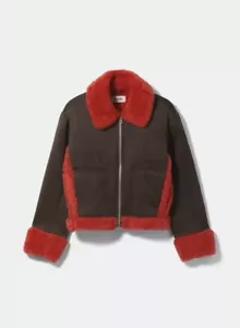 WEEKDAY ENZO SUEDETTE BONDED SHEARLING JACKET BROWN WITH RED CONTRACTS, SIZE S - Picture 1 of 10