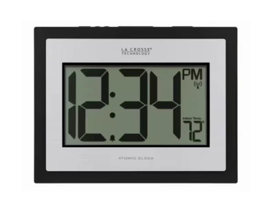 Clock Atomic Digital Black Silver Modern Rectangle Indoor Temperature Wall Mount - Image 1 of 4