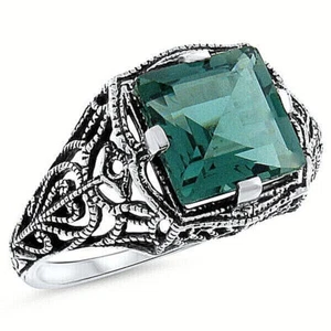 ANTIQUE STYLE 925 STERLING SILVER 3.5 CT SIMULATED EMERALD FILIGREE RING 537Z - Picture 1 of 1