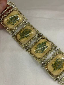 Bracelet 6.5" Flowers Forget-Me-Not 1.5" Wide Vintage Gold Foldover Resin M-5282 - Picture 1 of 4