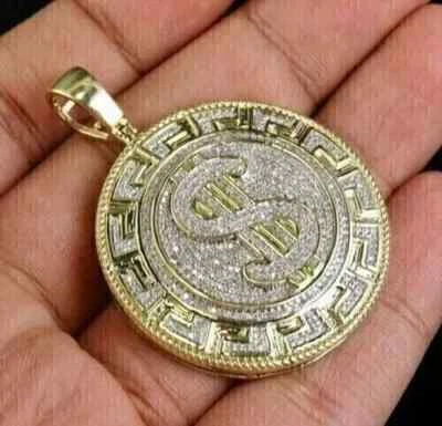 3 克拉圆形切割实验室钻石男式美元吊坠 14K 镀黄金 — 第 1/4 张图片