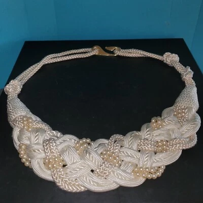 Cinturón llamativo cuerda trenzada vintage años 80 blanco marfil con perlas mediano - grande Foto 1 de 4