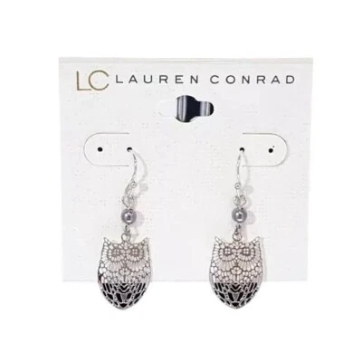Pendientes de gancho de búho enchapados en plata de moda para mujer LC Lauren Conrad nuevos con etiquetas Foto 1 de 2