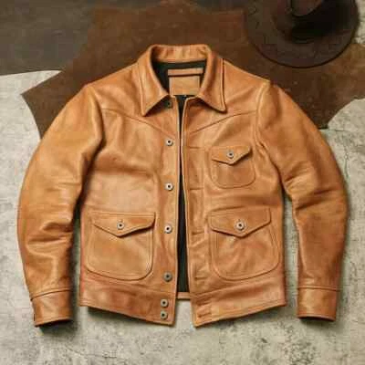 Men's Tan Leather Jacket Button-Up Classic Design Retro Trucker Biker Style Coat - Image 1 of 4