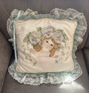 Vintage Victorian Girl w/ Flowers Graphic Throw Pillow Lace Trim M Nedrow Signed - Picture 1 of 5