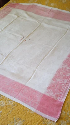 ancienne nappe en damassé coton à liteaux roses monogramme LC 115x115 cm - Photo 1/4