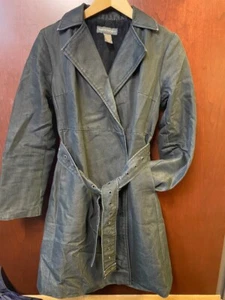 Banana Republic Womens Belted Denim Faux Fur Lined Long Trench Coat Black M 8 10 - Picture 1 of 7