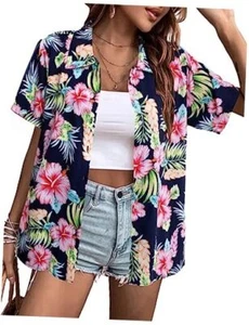 Women Hawaiian Shirt Soft Cool Summer Hawaii Shirts Small Blue Pink Flower - Picture 1 of 7