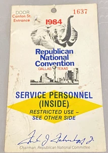 Vintage 1984 Republican National Convention Service Personnel Paper Ticket Pass - Picture 1 of 3