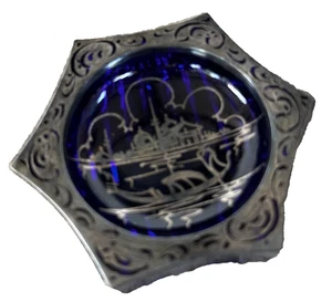 Cenicero de vidrio azul cobalto Venecia Italia sal abierta 1930 Murano plata superposición hexagonal - Imagen 1 de 7