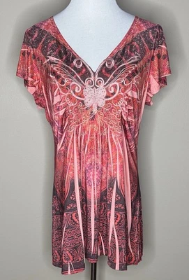 Blusa mujer One World manga corta rojo naranja mariposa elástica talla XL. Foto 1 de 4