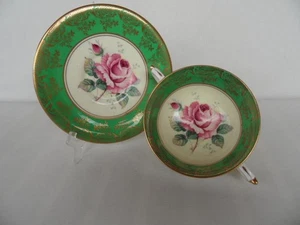 Vintage Paragon Porcelain Double Handled Soup Coupe Saucer Green Gold Pink Rose - Picture 1 of 8