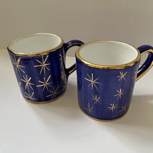 Juego de 2 tazas de café azules estrellas atómicas pintadas a mano firmadas por Sberna Deruta de Italia - Imagen 1 de 4