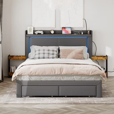 Cama queen size metal LED estrutura com cabeceira de armazenamento e extremidade de cama 2 gavetas - Imagem 1 de 4