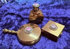 3 Pc Vanity Purse ~Enamel Roses Rhinestones ~pill box~perfume bottle ~ashtray? - Picture 1 of 7