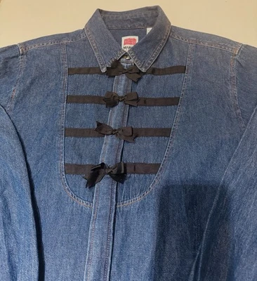 Denim Black Bows Shirt Women Size Large Blue Snap Marisa Canvas EUC - Image 1 of 4