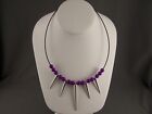 Purple Beaded Silver Spike Black Wire Necklace Dangle Spiked 18" - 19.5" Long