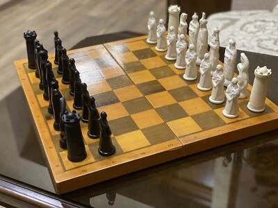 Rare Vintage Big Old Figured Chess  with Wooden Board 45 x 45 cm - Image 1 of 4