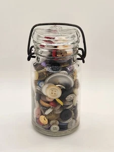 Vintage Glass Jar Full of Mixed Vintage Buttons Different Shapes & Sizes - Picture 1 of 17