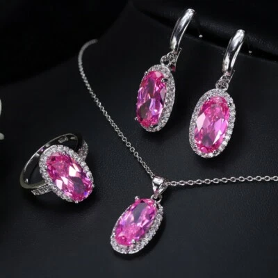 Oval Shiny Pink Kunzite Jewelry Sets White Gold Plated Necklaces Earrings Ring - Image 1 of 4