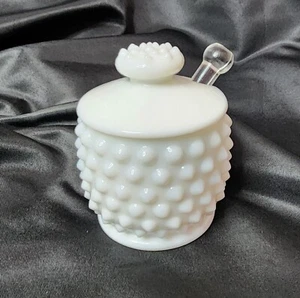 Vintage Fenton Milk Glass Hobnail Mustard Condiment Jar With Lid & Spoon - Picture 1 of 6
