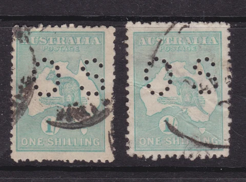KANGAROO 1/- Blue-Green, 3rd Wmk, CTO, OS PERF, X2 USED, SG O48 CV$48 (NF127) Cover