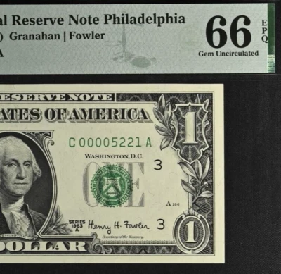 1963A $1 Federal Reserve Note Philadelphia PMG 66EPQ gem low serial number 05221 - Image 1 of 3