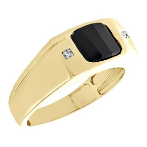 10K Yellow Gold Real Round Diamond & Black Onyx 8.5mm Pinky Ring Band 0.01 CT. - Picture 1 of 5