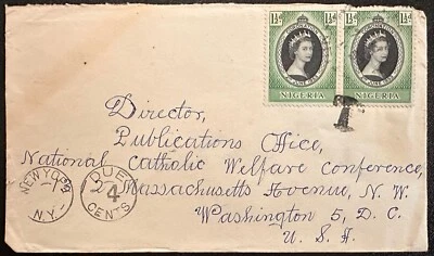 1953 Nigeria #79(2) on cover to US; postage due markings; coronation  *d - Image 1 of 2