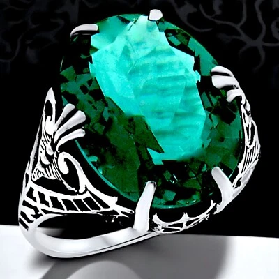 FILIGREE ANTIQUE STYLE 925 STERLING SILVER 7 Ct SIMULATED EMERALD RING      #991 - Image 1 of 4