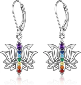 7 Chakra Earrings Lotus Flower for Women Dangle Yoga Jewelry CZ Sterling Silver - Picture 1 of 9