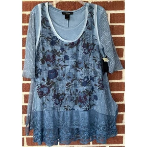 Conjunto Blusa Ali Miles 2 Piezas Azul Floral Mangas Malla Borde Transparente Talla L Nuevo con Etiquetas - Imagen 1 de 3