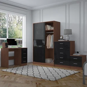 REFLECT Bundle - Sliding Wardrobe + Tall Chest + Bedside + Desk - Black/Walnut - Picture 1 of 10
