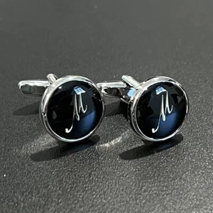 Black Round Name Initial Alphabet Letter Cufflinks Men Birthday Father’s Day Gif - Picture 1 of 6