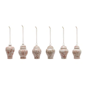Set/6 Pink White Asian Floral Print Ceramic Ginger Jar Christmas Tree Ornaments - Picture 1 of 1