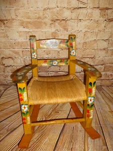 Antique Small Child Doll Wood Wicker Seat Rocking Chair Handmade Painted Vintage - Picture 1 of 5