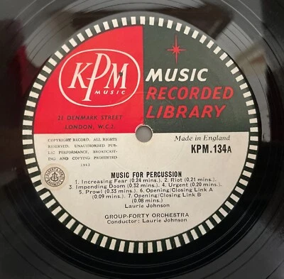 10” LIBRARY 78: GROUP FORTY ORCH/LAURIE JOHNSON - Music For Percussion. KPM.134 - Image 1 of 2