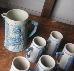 Vintage Blue & Grey Pitcher & 6 Mugs Stoneware by Robinson - Picture 1 of 3