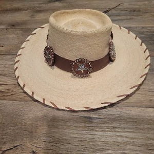 Red Star Riggings Palm Leaf Straw Hat Sz 7-1/8 Brown Leather Band Star Western - Picture 1 of 13