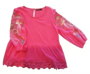 Top CALESSA rosa caldo ricamato uccellini manica a fiori pizzo cotone L-XL - Foto 1 di 12