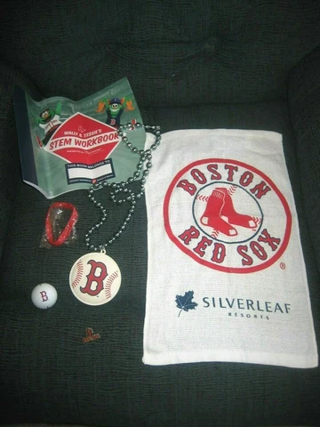 Boston Red Sox Fan Lot -  Mardi Gras Beads, Towel, Pin, Golf Ball, Workbook More Cover
